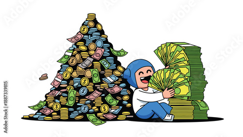 Cartoon Character Embracing Wealth: Money Pile & Coins