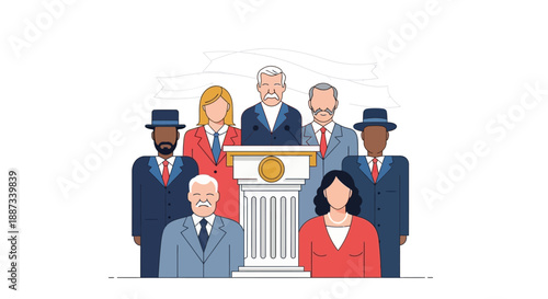 Illustration of diverse group of people standing and sitting around a podium with a gold emblem on a white background, symbolizing Presidents' Day and social justice in America.