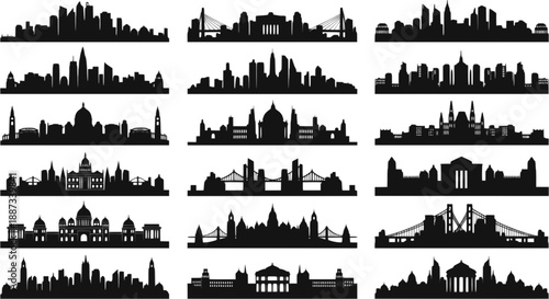 City silhouette vector set. Panorama city background. Skyline urban border collection.