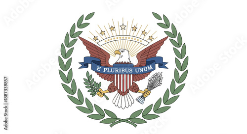 A graphic illustration of the Great Seal of the United States featuring an eagle, olive branch, and arrows, surrounded by a laurel wreath and stars on a white background, symbolizing