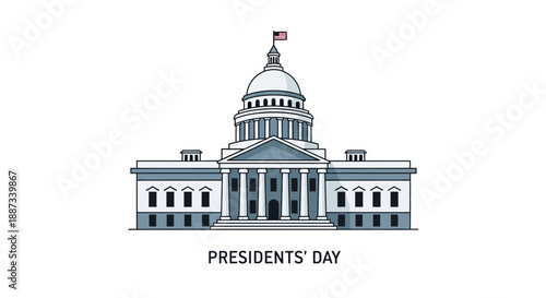 Illustration of the US Capitol building with a flag on top, symbolizing Presidents' Day in America, with a design featuring icons and symbols of usa government.