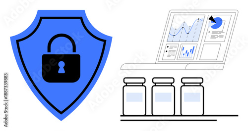 Data protection, pharmaceutical tracking, cybersecurity, digital analytics, secure systems, healthcare. A shield with a lock, a data dashboard and medication bottles. Data protection