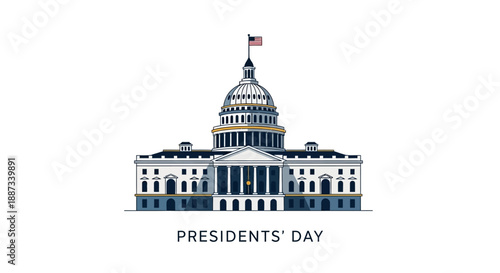 Illustration of the US Capitol building with a symbol of American democracy on Presidents' Day in a vector design style.
