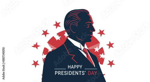 A graphic illustration of a man in a suit with stars and 'Happy Presidents' Day' text on a white background, symbolizing Presidents' Day in America with a patriotic theme.