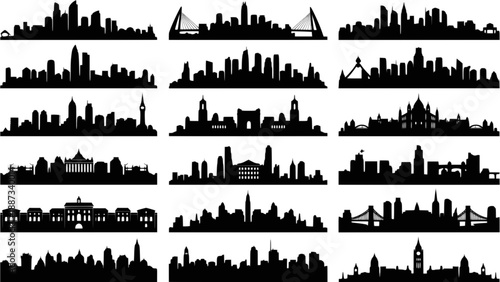 City silhouette vector set. Panorama city background. Skyline urban border collection.