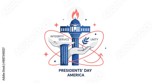 A graphic illustration of a Presidents' Day America icon featuring a building with a flame, surrounded by symbols and text on a white background, representing unity and social justice.