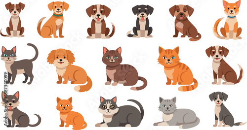 Various breeds of dogs and cats illustrated together in a grid pattern on a plain background
