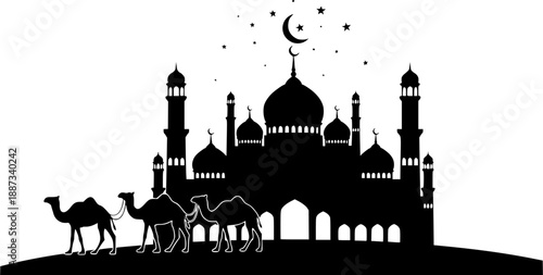 Ramadan mosque silhouette vector with camels, Islamic festival black illustration
