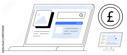 E-commerce, online transactions, financial tools, digital shopping, web design, user interfaces. Computer screen displaying search bar, monetary symbol and functional elements. E-commerce and online