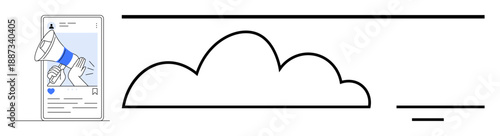 Social media promotion. Features a smartphone showing a marketing campaign with a megaphone graphic. Social media promotion connects digital strategies, outreach, networking, and target audience