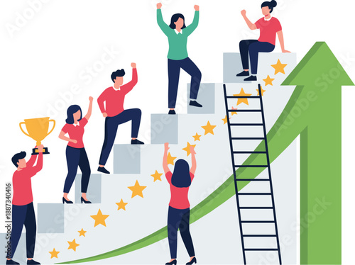 People celebrating success on ascending stairs with trophy and rising graph illustration