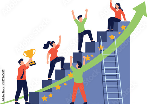 People celebrating success on a staircase with a rising graph and stars