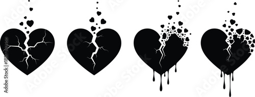 Four black hearts shattering into pieces from top to bottom in a row, symbolizing heartbreak and emotional pain