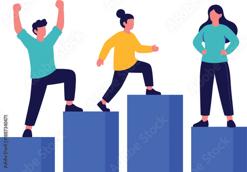 Three people climbing steps, celebrating success, in a stylized illustration with a plain background, depicted from a straightforward viewpoint