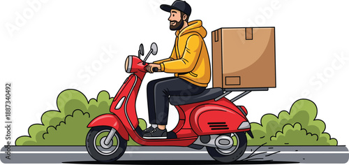 Delivery man riding a red scooter with a large cardboard box on the road