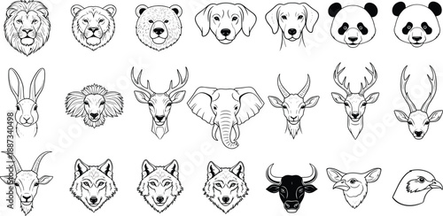 Collection of diverse animal faces illustration in a grid layout on white