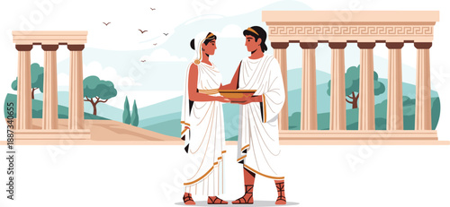 Ancient Greek couple walking together in traditional attire, holding scrolls, amidst classical architecture and serene landscape from a distant viewpoint.