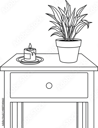 Line art illustration of a potted plant and candle on a bedside table viewed from the front