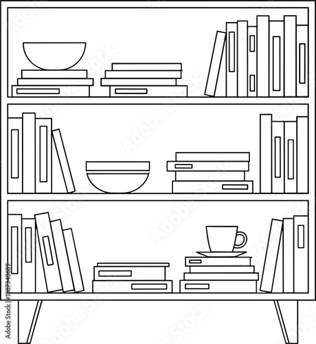 A minimalist bookshelf with books, bowls, and a cup on three shelves from a straight-on viewpoint