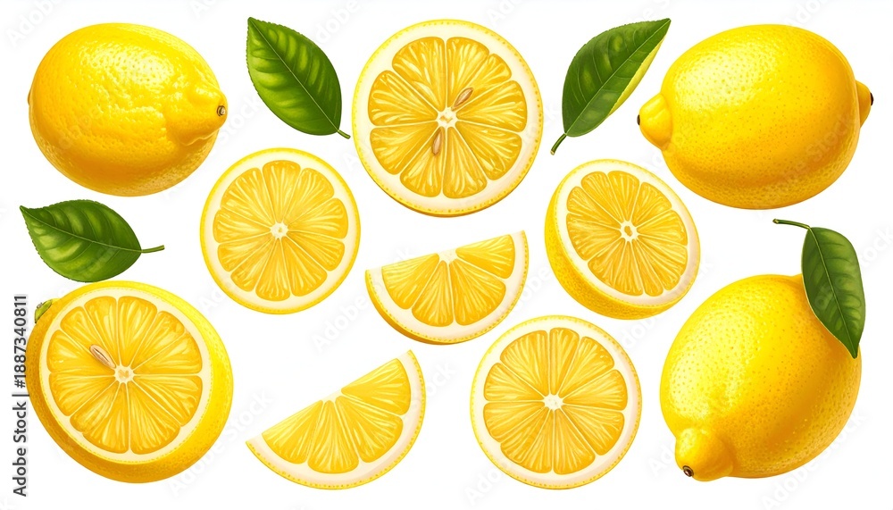 Fototapeta premium Fresh Lemon Collection - Whole, Sliced, and Leafy Accents.