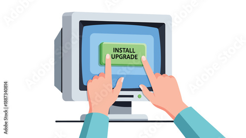 Installing Upgrade: Computer Screen with Button and Hands