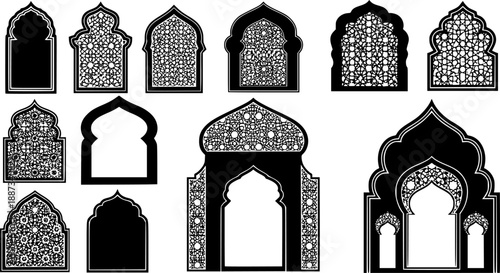 Collection of oriental style islamic vector shapes of a window or door arch mosque gate islamic arabesque pattern arab frame set on transparent background ramadan kareem silhouette icon set.