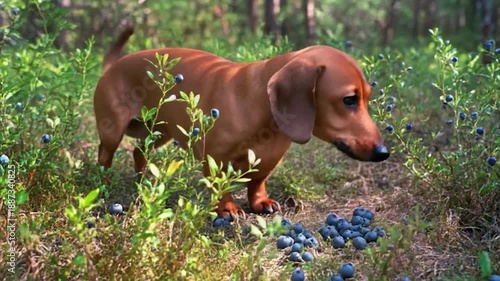 Dog Enjoys Blueberries in a Lush Green Environment, Natures Bounty.