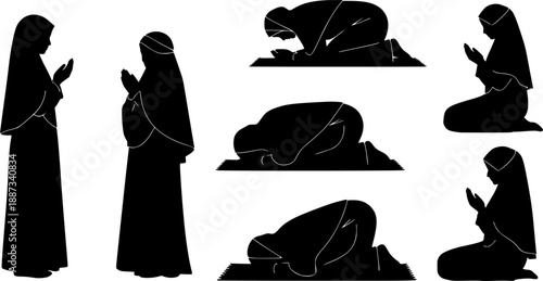 muslim woman praying silhouette vector set female muslim