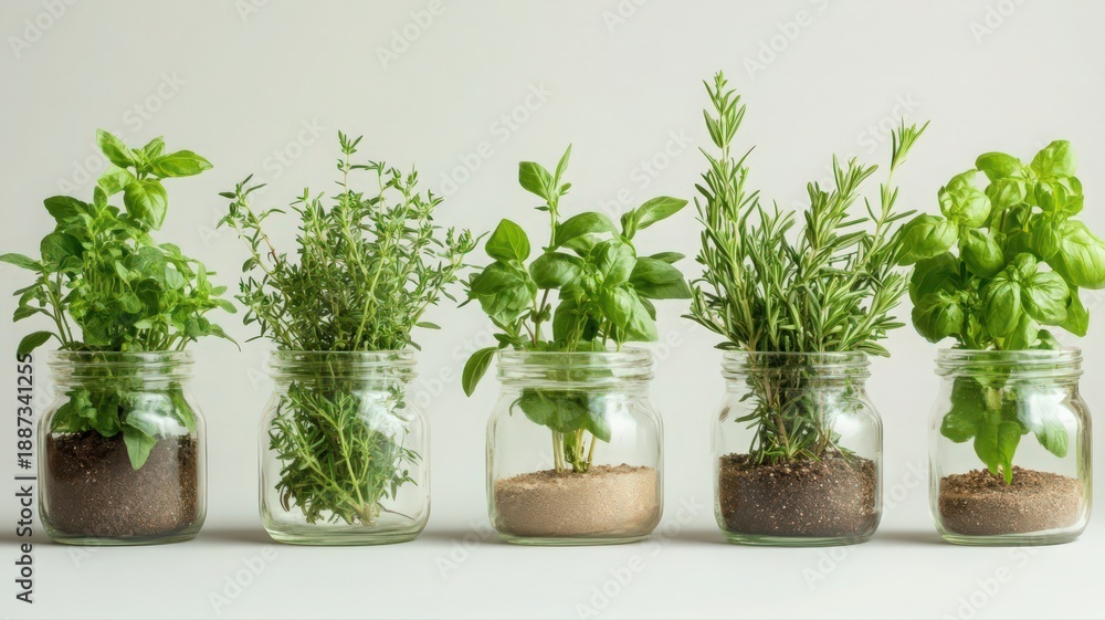 Fototapeta premium Collection of Glass Pots with Various Fresh Herbs Such as Mint, Thyme, and Basil for Indoor Gardening