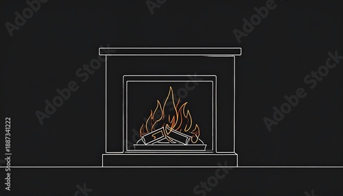Line-drawn illustration showcasing a fireplace against a dark background, depicting flames and logs inside the hearth