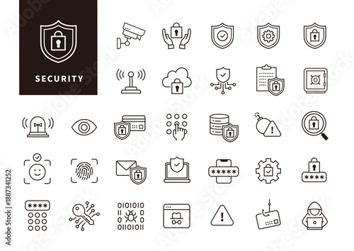 アクセス制御や情報防御を表現したセキュリティ関連アウトラインアイコンセット