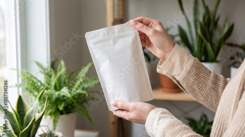 Close-up of hands holding a clean, blank white packaging pouch, offering a versatile mockup for branding and product display in a home setting