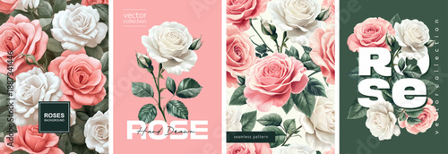 Hand drawn set of floral designs. Vectorized hand drawn gouache illustrations. High quality illustrations of roses, flowers and leaves for poster, prints, menu, card or cover