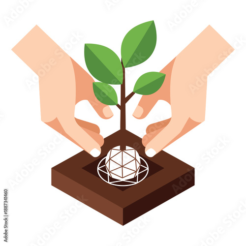 Isometric Planting Growth Metaphor: Hands Nurturing a Seedling with a Geometric Tech Root System. Sustainable Development, Startup Foundation, and Investment Concept.
