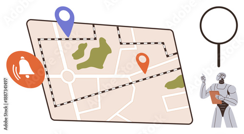 Navigation, location tracking, GPS services, route planning, AI usability, smart notifications. A map with location points, a robot holding a clipboard and notification symbols. Navigation and GPS