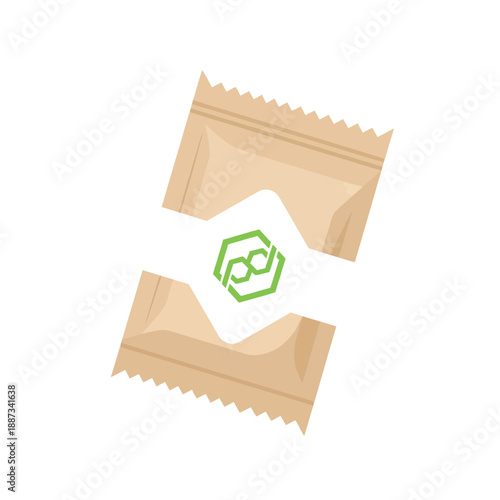 Eco-Friendly Kraft Paper Sachet Opened Icon. Single use packet illustration with green geometric logo for sweetener, medicine or nutritional supplement.