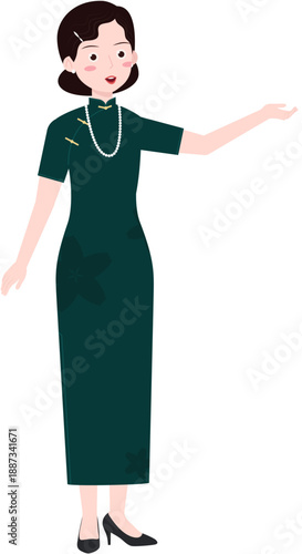 Elegant Woman in Classic Attire: A woman in an elegant, emerald dress gracefully gestures, embodying poise and sophistication. The timeless style and pearl necklace complete her look.