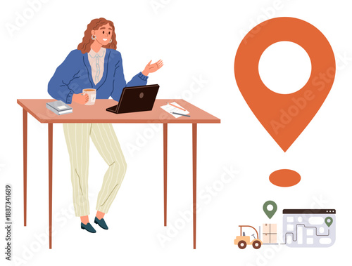 Business planning, remote work, logistics, navigation, transportation, location tracking. Professional woman at desk, map route GPS pin and transport icon. Navigation and logistics concept