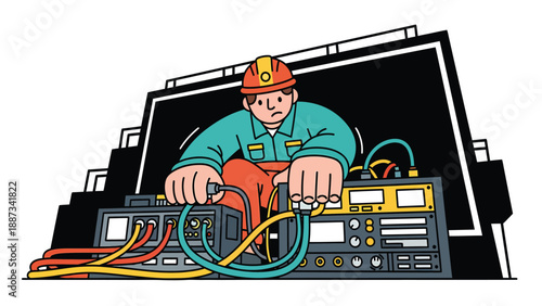 Cartoon Electrical Technician Repairing Equipment