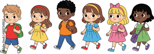 Diverse school children walking with backpacks together, multicultural kids cartoon illustration, education and friendship concept, flat vector style