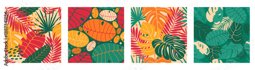 Bright seamless tropical leaf pattern set flat style vibrant colors. Flat design for summer packaging, fabric, textile, fashion. Vector illustration