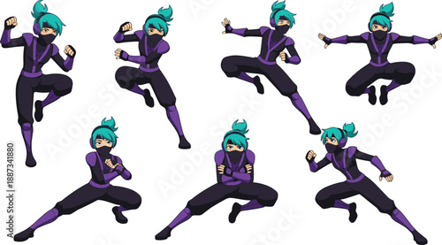 Female ninja character action poses set, cartoon stealth warrior heroine, dynamic fighting movements, game ready mascot, isolated vector illustration