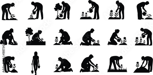 Gardening people silhouettes set, planting watering flowers trees, male female gardeners working outdoor, black vector icons isolated on white