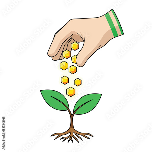 Hand Investing Golden Coins into Plant Sapling Illustration. Financial Growth, Startup Funding, and Wealth Nurturing Concept.