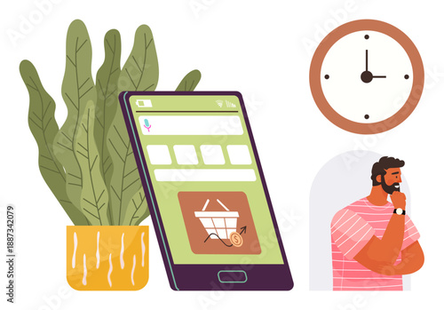 Online shopping, e-commerce trends, decision making, digital consumer behavior, time management, retail planning. Smartphone with cart icon, person thinking clock plant. E-commerce and decision