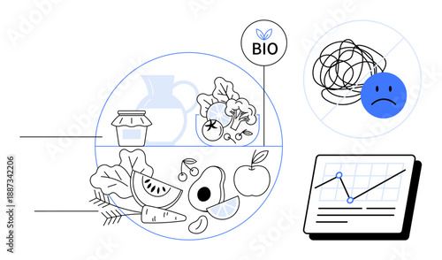 Selection of organic food thumbs up fruits, vegetables, and grains, alongside a BIO label, unhappy face symbol and analytics chart. Ideal for health, wellness, nutrition, psychology mental health