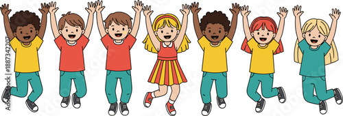 Happy diverse kids jumping together, cheerful children celebrating friendship, multicultural boys and girls, joy, teamwork, playful energy, cartoon illustration