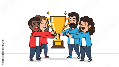 Teamwork Achievement: Diverse Group Holding Trophy Illustration