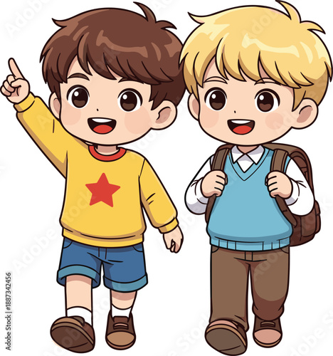 Happy school boys walking together cartoon illustration, kids friendship education concept, cheerful students with backpacks, childhood vector design