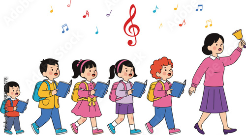 Happy school children singing choir with music teacher illustration, primary education, teamwork, learning, melody, classroom, cartoon style, vector, colorful, concept